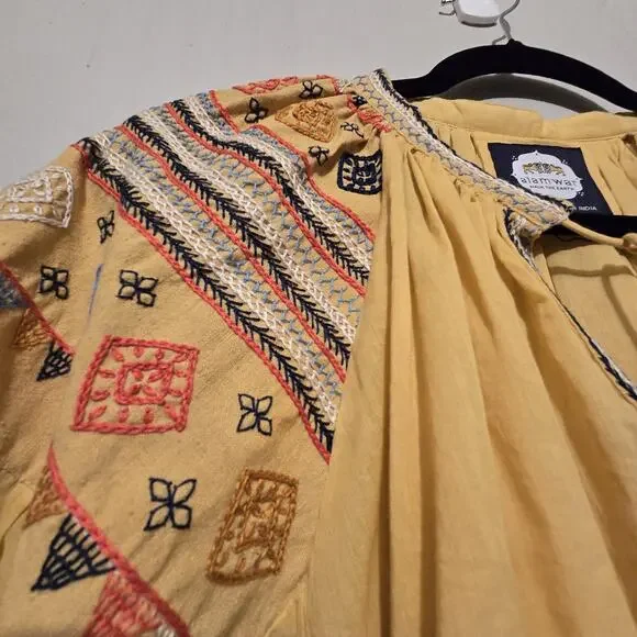 ALAMWAR Anthropologie Peasant Top Womens SM Gold Embroidery Tassel Boho Festival - Picture 3 of 13